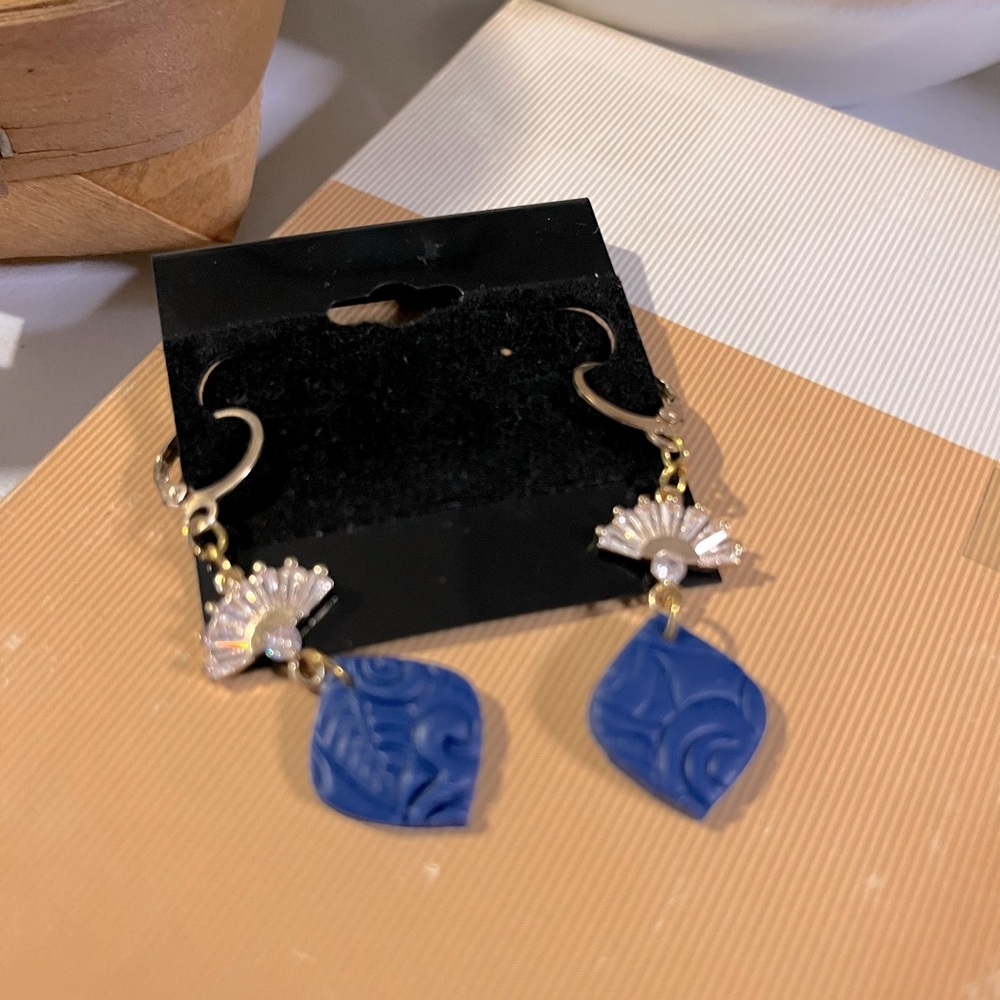 Earrings, Stamped royal blue leather and sparkling white sapphire, dangle